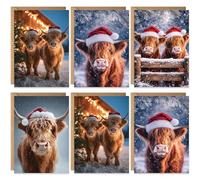 Christmas Cards Bulk Set | 20 Pack Xmas Cards Multipack | 4 Unique Winter Highland Cattle Cow Festive Designs, Festive Seasons Greetings For Friends Family, Eco-friendly