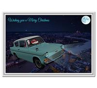 Christmas Cards - Luxury Quality - Unique Flying Ford Anglia car London Santa (Wishing you a Merry Christmas card)