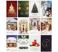 Christmas Cards Set, 24 Christmas Greeting Cards with 24 Envelopes & Stickers, Each Christmas Card Pack Has 12 Different Festive Designs, for Xmas Greetings, Blessings, Gifts, Wishes