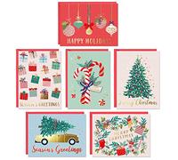Christmas Cards Set - 24 Gold Foil Holiday Cards with Red Envelopes - 6 Assorted Designs Boxed for Easy Storage - 4.25 x 5.75, Bulk Greeting and New Years Decor Sheets