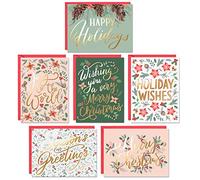 Christmas Cards Set - 24 Gold Foil Holiday Decor Sheets with Red Envelopes - 6 Assorted Designs Boxed for Easy Storage - Bulk Greeting and New Years sheets - 4.25”x5.75”