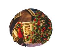 Christmas Carnival Village Print Elastic And Reusable Hair Bath Caps Double Waterproof Layers Bathing Hat