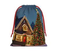 Christmas Carnival Village Print Gift Drawstring Bag Reusable For Holiday Party Favors Birthday Presents Pouch