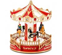Christmas Carousel Decoration, Light-Up Musical Tabletop Ornament | Resin merry-go-round with horse figures; USB cable included and 3 x AA battery option(b)