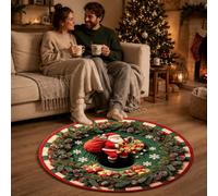 Christmas Carpet Christmas 3D Optical Circular Carpet Santa Crawling Out Of The Hole Floor Mat Slip Holiday Suitable For Living Room Bedroom (Watermelon Red, 60CM)