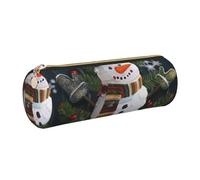 Christmas Carton Snowman Printed Leather Pencil Case Cute Stationery Organizer Round Makeup Bag Pen Pouch, Gold Zipper