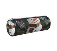 Christmas Carton Snowman Printed Leather Pencil Case Cute Stationery Organizer Round Makeup Bag Pen Pouch, Silver Zipper