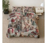 Christmas Castle Snowman Decorations Duvet Cover Reversible Castle Christmas Tree Soft Duvet Cover Set, Lightweight Bedding Sets 3pcs with Zipper Closure (Single Duvet Set, 155x220cm)