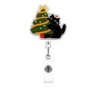 Christmas Cat Badge Reel Retractable Cute Xmas Badge Clip with Christmas Tree Black Cat Designs Acrylic Christmas ID Name Holder Clip for Nurse, Teacher, Student, Hospital, Office Worker Name Tag