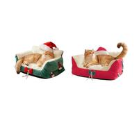 Christmas Cat Bed Cat Couch 2Pcs Washable Pet Bed with Removable Cover Fluffy Plush Sofa with Non-Slip Bottom Cozy Indoor Bed Set for Multiple Cats(Green+Red,Large)