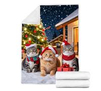 Christmas Cat Blanket Winter Warm Soft Nap Leisure Throw with Santa Hat Design Cozy Festive Home (E, 70X100cm)