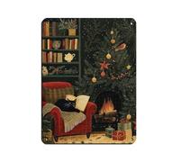 Christmas Cat by Fireplace Retro Poster Metal Tin Sign Chic Art Retro Iron Painting Bar People Cave Cafe Family Garage Poster Wall Decoration 12x16inch(30x40cm)