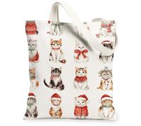 Christmas Cat Canvas Tote Bags, Feline Pattern Reusable Grocery Totes, Winter Lightweight Washable Shoulder Strap Canvas Ba, White, 13x15 Inch