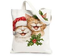 Christmas Cat Canvas Tote Bags, Holiday Feline Design Reusable Grocery Bags, Vintage Fanciful Lightweight Washable Shoulder, White, 13x15 Inch