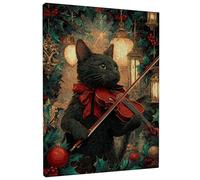 Christmas Cat Canvas Wall Art, Black Feline Playing Violin Decor, Vintage Holiday Aesthetic for Living Room, Bedroom, Kitchen, Wrapped Canvas 8x12 Inch