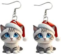 Christmas Cat Dangle Earrings, Acrylic Lightweight Drop Design with Kitten Holding Tree, Holiday Festive Jewelry for Women (05)