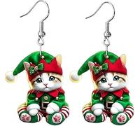 Christmas Cat Dangle Earrings, Acrylic Lightweight Drop Design with Kitten Holding Tree, Holiday Festive Jewelry for Women (04)