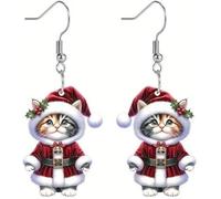 Christmas Cat Dangle Earrings, Acrylic Lightweight Drop Design with Kitten Holding Tree, Holiday Festive Jewelry for Women (01)