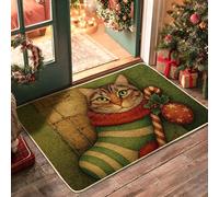 Christmas Cat Doormat, Green Striped Kitty Door Mat for Indoor & Outdoor Holiday Decor, Non-Slip Waterproof Dust Absorbent Entrance Mats, Easy to Clean 29x17 Inch