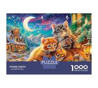 Christmas Cat Extra-thick Cardboard DIY Jigsaw Puzzle Cat in Starry Night Village Scene Fun Challenging Game for Adults Kids Travel Holiday Activity Birthday Gift 1000 Piece Jigsaw Puzzle 70x50cm/1000
