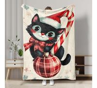 Christmas Cat Flannel Blanket, Black Cute Kitty Winter Holiday Throw Blanket, Xmas Soft Cozy Sleep Blanket for Sofa, Bed, All Season 40x50 Inch