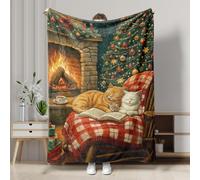 Christmas Cat Flannel Blanket, Warm Ginger and White Cat Holiday Decor Throw Blanket, Soft Cozy Hot Sleep Blanket for Sofa, Bed, All Season 40x50 Inch