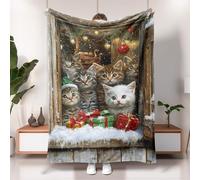 Christmas Cat Fleece Blanket, Multicolor Cozy Kittens Winter Holiday Decor Throw Blanket, Soft Warm Snuggle Blanket for Sofa, Bed, All Seasons 50x60 Inch
