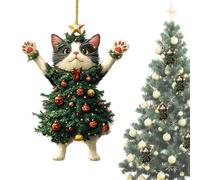 Christmas Cat for Christmas Tree | Flat Cat Pendant with Christmas Tree Costume in Acrylic, Decoration for Car Interior Accessories, Feline Festive Figures for Christmas