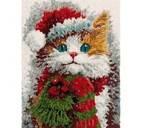 Christmas Cat Latch Hook Rug Kit for Adults,cat Wearing a Scarf,Printed Canvas Crochet Yarn Floor Mat Embroidery DIY Hook and Latch Kit Carpet for Christmas Decoration,52x38cm