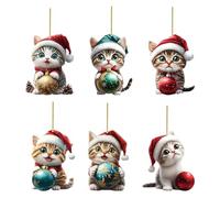 Christmas Cat Ornaments - Adorable 6-Pack Flat Hanging Decoration for Indoor, Outdoor with Fun Wall Art, Window Door Decor for Home, Bedroom, Garden, Offices, Patio, Yard, 3.15in