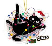 Christmas Cat Ornaments for Tree 2025 - Funny Wooden Black Cats Tangled in Lights with Santa Hat | 3.9" Festive Feline Fiasco Decor, Farmhouse Gift for Animal Lovers