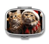 Christmas Cat Pill Box, 2 Compartment Medicine Pill Case, Portable Pill Organizer for Pocket Or Purse Decorative Metal Medicine Vitamin Organizer