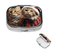 Christmas Cat Pill Box 2 Compartment Square Portable Pill Case for Pocket or Purse Small Weekly Medicine Planner Travel Pillbox with Mirror Decorative Metal Vitamin Holder Gifts