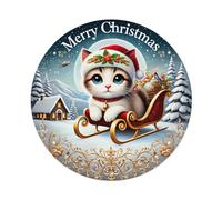 Christmas Cat Sleigh Snowscape Round Tin Sign Vintage Metal Poster Retro Bar, Home, Man Cave, Kitchen, Laundry Room Wall Art Decor Gift 8x8Inch