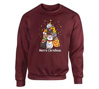 Christmas Cat Tree Mens Sweatshirt Xmas Boys Pullover Party Kitten Meow Jumper Funny Santa Novelty Unisex Gift Girls Kids Sweat Top Printed Design Maroon - Medium