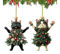 Christmas Cat Tree Ornaments - 2 Pieces Acrylic Cat Charm | Hanging Decorations with Door Sign Accent | Holiday Ornament Set for Tree Window Backpack | Cute Christmas Decor for Yard Home Patio