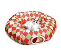 Christmas Cat Tunnel Bed Peekaboo Cat Cave Donut Under Christmas Tree with Washable Cushion Green Elf Design Festive Decor Perfect for Small Medium Large Cats, Kittens, Rabbit, Ferret