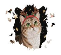 Christmas Cat with Deer Horns Personalized Jigsaw Puzzles, 141 Pcs Wooden Jigsaw Puzzle Tiger Head Shape Puzzle Gift
