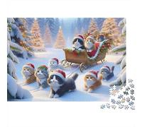 Christmas Cats Sleigh 1000 Pieces Classic Jigsaw Puzzle Sturdy Cardboard for Adults Kids 8-12 Sleigh with Kittens Home Decor Wall Art Indoor Leisure Mind Challenge Puzzle 52x38cm/1000pcs