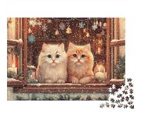 Christmas Cats Window Scene Adult 1000-Piece Jigsaw Puzzle, 70x50cm/1000pcs; for Calm Hands-on Time after Work; White Cardboard for Cleaner Sorting