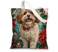 Christmas Cavachon Dog Canvas Tote Bag for Shopping 13x15, Xmas Candy Poinsettia Puppy Reusable Grocery Print Bag for Women Men, Holiday Pet Aesthetic Painting Gift Decor