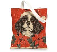 Christmas Cavalier King Charles Spaniel Canvas Tote Bag for Shopping 13 * 15, Poinsettia Reusable Grocery Shoulder Cloth Bag for Women, Dog Painting Gift Decoration