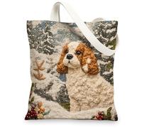 Christmas Cavalier King Charles Spaniel Canvas Tote Bag for Shopping 13 * 15, Xmas Novelty Tree Reusable Grocery Shoulder Cloth Bag for Women, Dog Painting Gift Decor