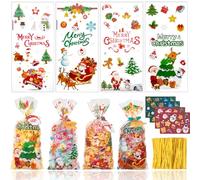 Christmas Cellophane Treat Bags, 100pcs Clear Christmas Goodie Bags with 100pcs Twists Ties, 4 Styles Christmas Cellophane Candy Bags with Gift Hanging Tag for Kids Christmas Party(10.6"x4.7")