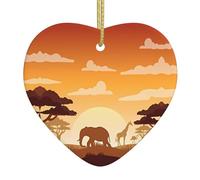 Christmas ceramic heart pendant YUGTAEE Elephant and Giraffe in The Sunset Printed Christmas tree decoration for fireplace shopping mall holiday party