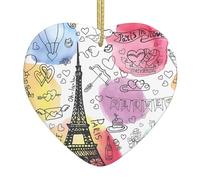 Christmas ceramic heart pendant YUGTAEE French Paris Tour Eiffel Tower Printed Christmas tree decoration for fireplace shopping mall holiday party