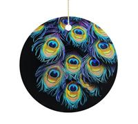 Christmas Ceramic Ornament 2.9 Inch - Double-Sided Round Xmas Tree Decor, A Bunch of Peacock Feathers Ornament for Xmas Home Decor, Lightweight & Fade-Resistant