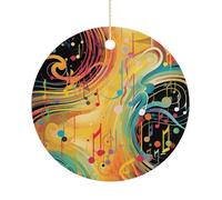 Christmas Ceramic Ornament 2.9 Inch - Double-Sided Round Xmas Tree Decor, Abstract Music Themed Ornament for Xmas Home Decor, Lightweight & Fade-Resistant