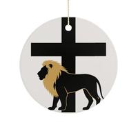 Christmas Ceramic Ornament 2.9 Inch - Double-Sided Round Xmas Tree Decor, African Leo Lion King with Cross Ornament for Xmas Home Decor, Lightweight & Fade-Resistant