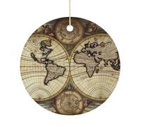 Christmas Ceramic Ornament 2.9 Inch - Double-Sided Round Xmas Tree Decor, Ancient Map World Globe Ornament for Xmas Home Decor, Lightweight & Fade-Resistant